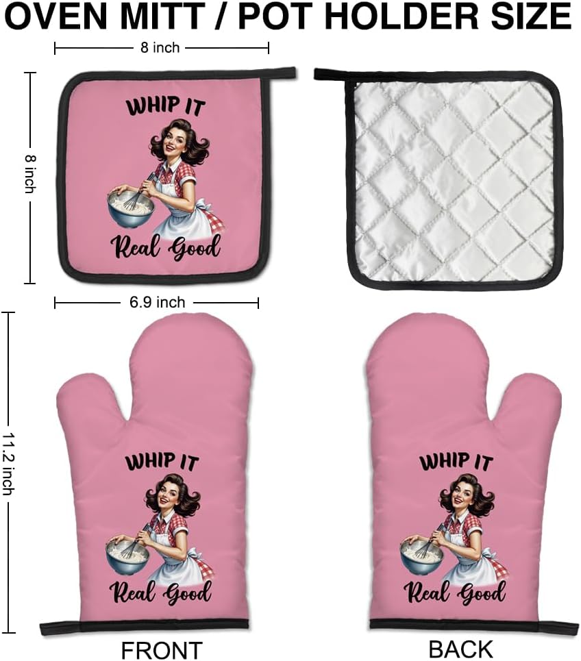 Whip it Real Good Funny Oven Mitts and Pot Holders Set, Humor Chef Tools, Vintage Baking Great Kitchen Mitts, Gifts for Dessert Lovers, Birthday Cooking Gifts for Female Chef Baker Friends - Image 2