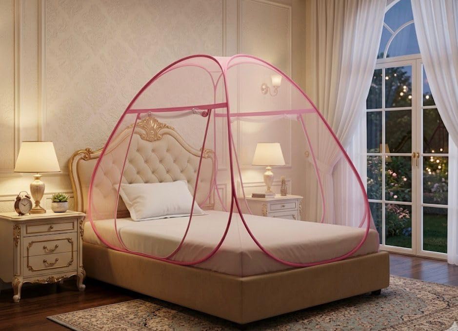 Double Bed | King Size Foldable Premium Machardani | Extra Mosquito Protection | Polyester 30GSM Strong Net | PVC Coated Corrosion Resistant Steel Wire -Pink-image-36