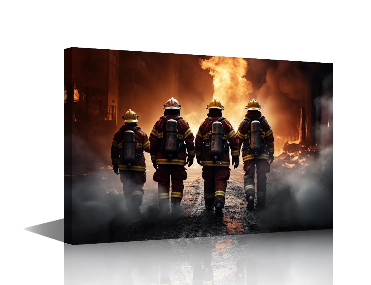 TISHIRON Canvas Wall Art Firefighters Wall Painting American Modern Artwork Wall Art Pictures Fireman Hero Home Decorations for Living Room and Bathroom Framed Stretched Ready to Hang 18x12 in