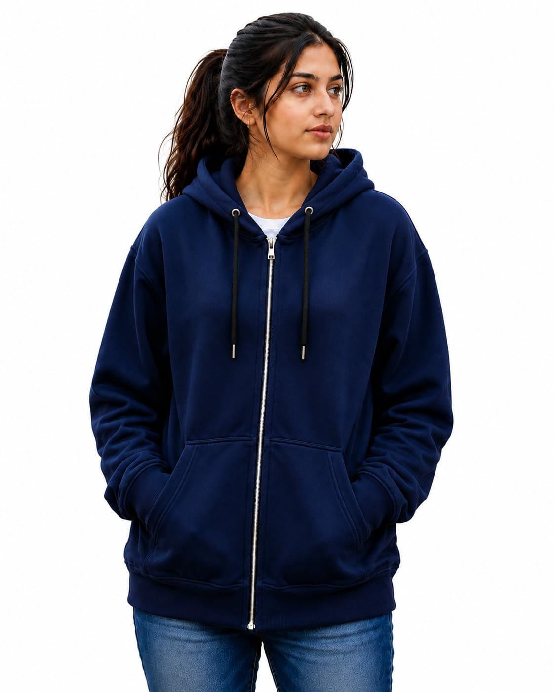 Women's Oversized Black Zip-Up Fleece Hoodie Sweatshirt-image-44