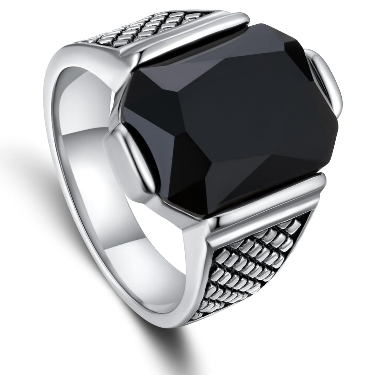 Mens Signet Ring Stainless Steel Silver Rings for Men Women,Emerald/Black Onyx/Ruby/Blue Gemstone Ring Wedding Ring Gift Package