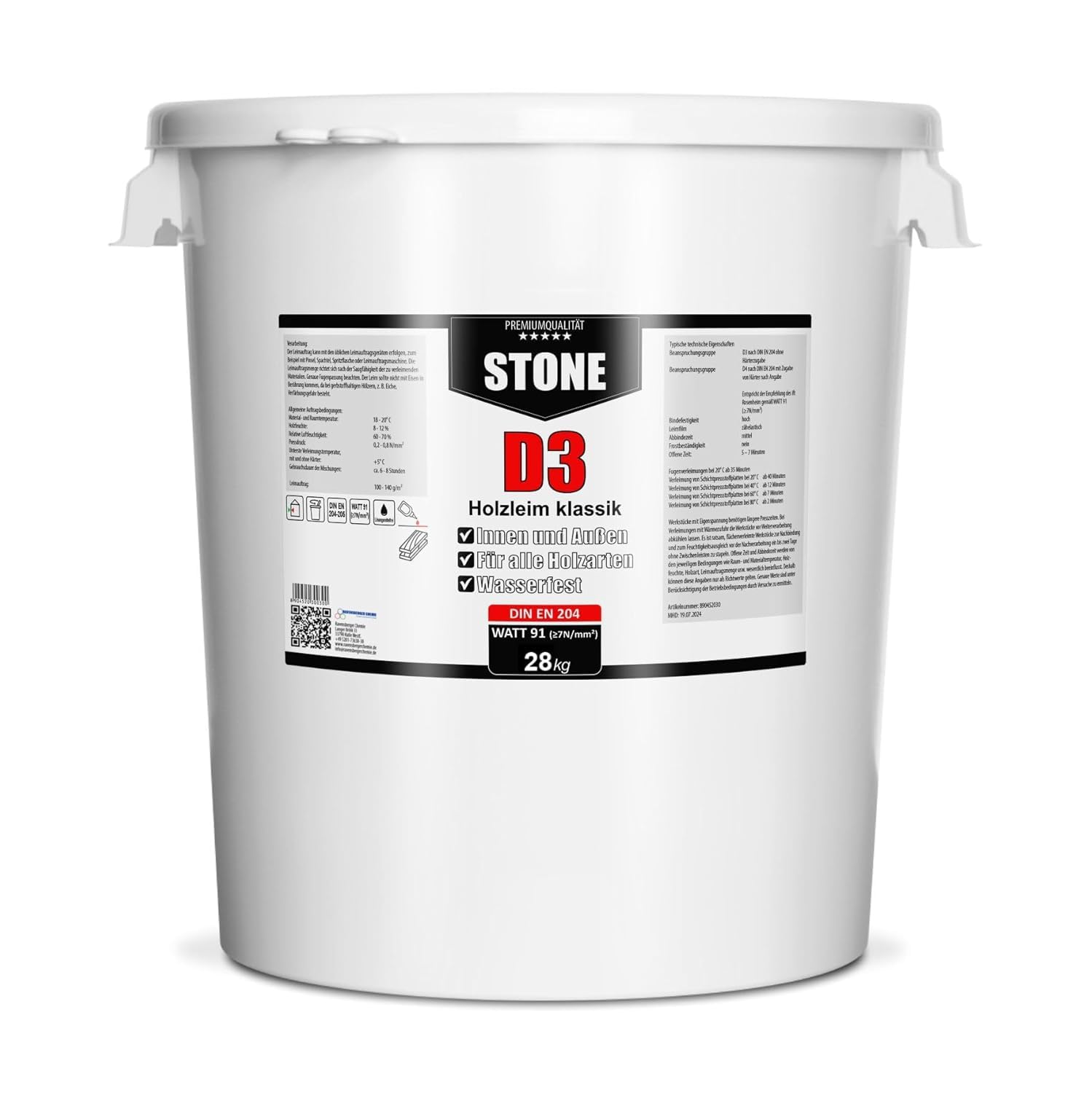 STONE D3 Holzleim Klassik – 28 kg Hobbock Eimer, wasserfest, für Innen & Außen, DIN EN 204 zertifiziert, starker Holzleim für Möbelbau, Tischlerei & Handwerk