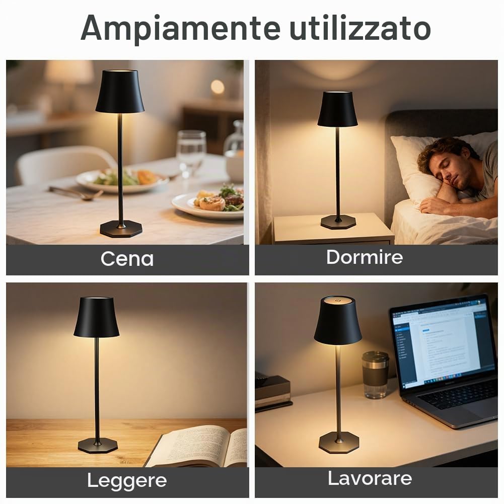 2pcs Lampada da Tavolo LED Senza Fili, 3 modalità Colore,Nero | Lampada da Tavolo Ricaricabile e Senza Fili con Controllo Touch, Altezza Regolabile, Lampada da Comodino, Lampada da Lettura