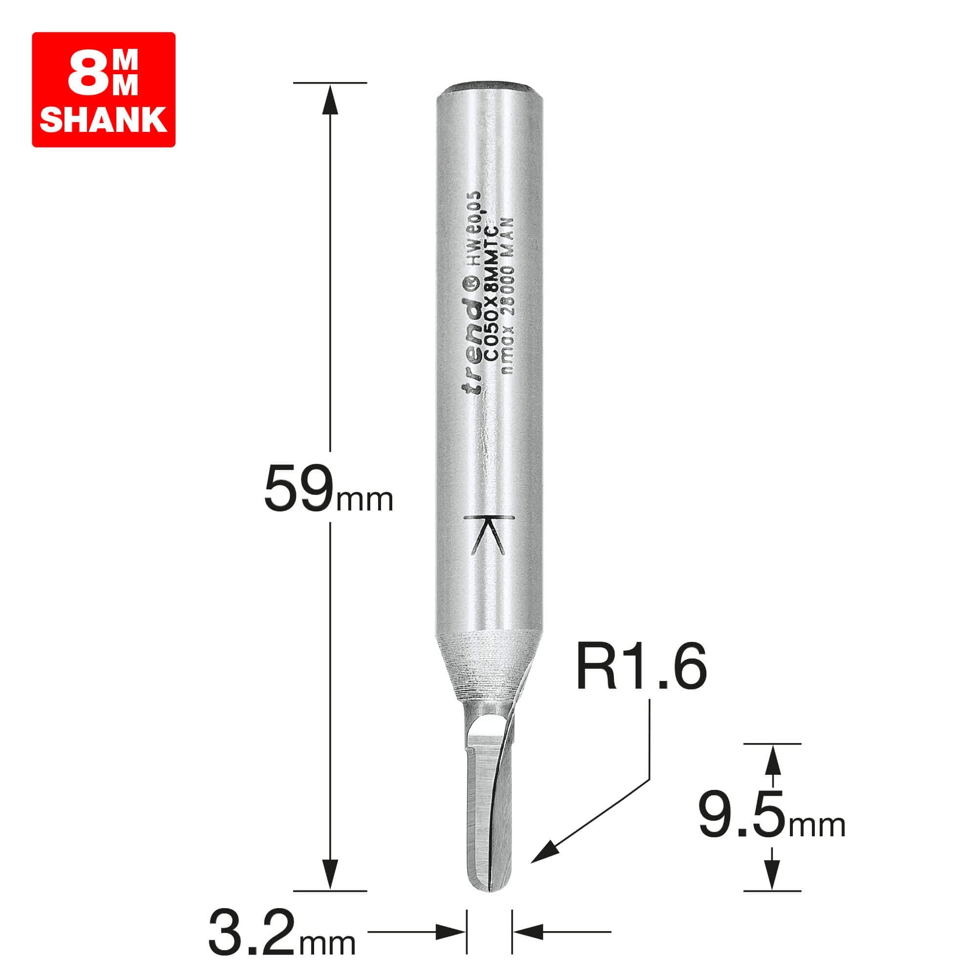 TREND CraftPro Radiusfräser, 8 mm Schaft, 1.6 mm Radius, 3.2 mm Schnittdurchmesser, Hartmetallbestückt, C050X8MMTC