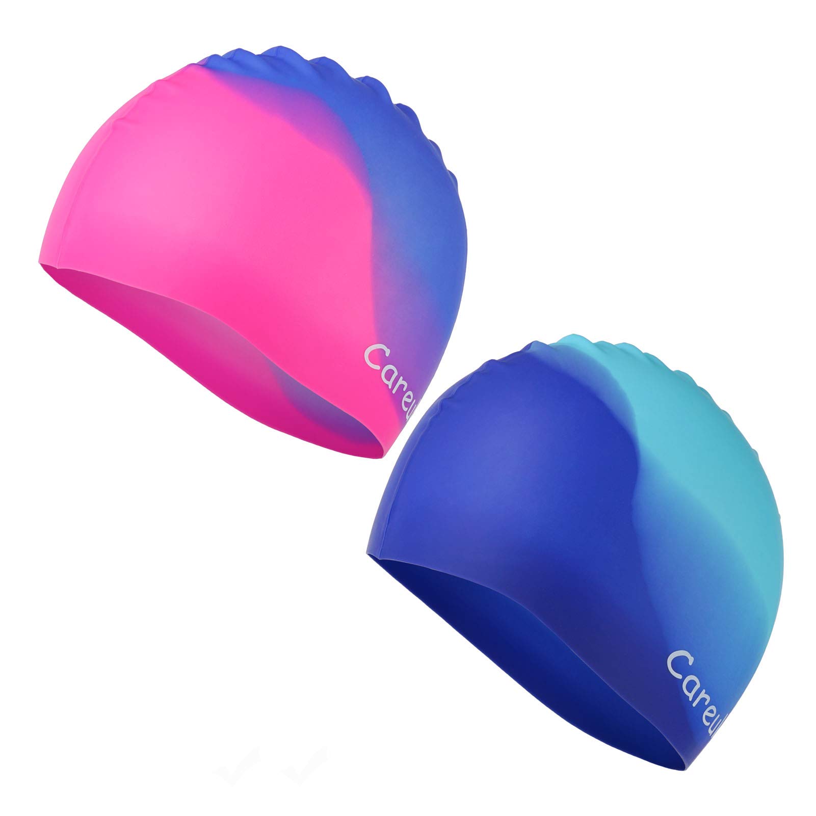 Swim Cap, 2 Pack Durable Silicone Swimming Caps for Kids Girls Boys Youths (Age 2-12), Soft 3D Ergonomic Waterproof Kids Swim Caps, Comfortable Fit