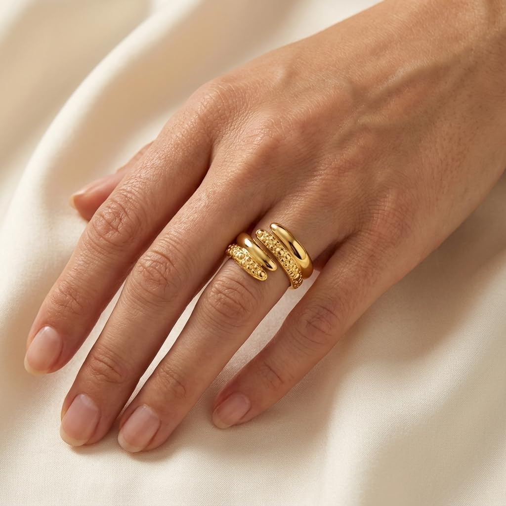 2Pcs Gold Statement Rings for Women Twisted Stackable Gold Band Ring Set Polish Wavy Fashion Trendy Stacking Rings Jewelry Gift