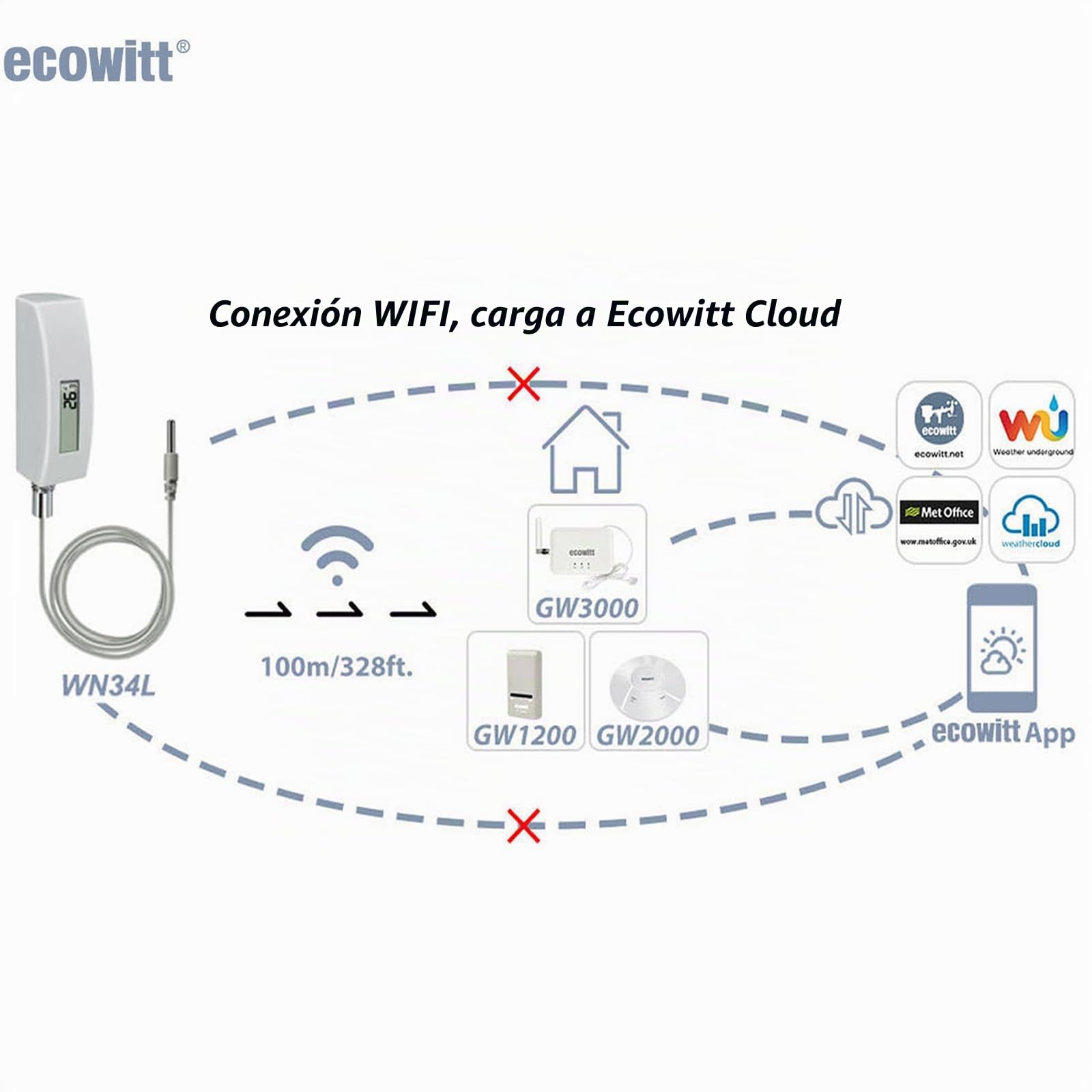 ECOWITT Termómetro impermeable digital de temperatura del agua, pantalla LCD, sensor de 10 pies para piscina, bañera de hidromasaje, spa, agua del baño, estanque WN34