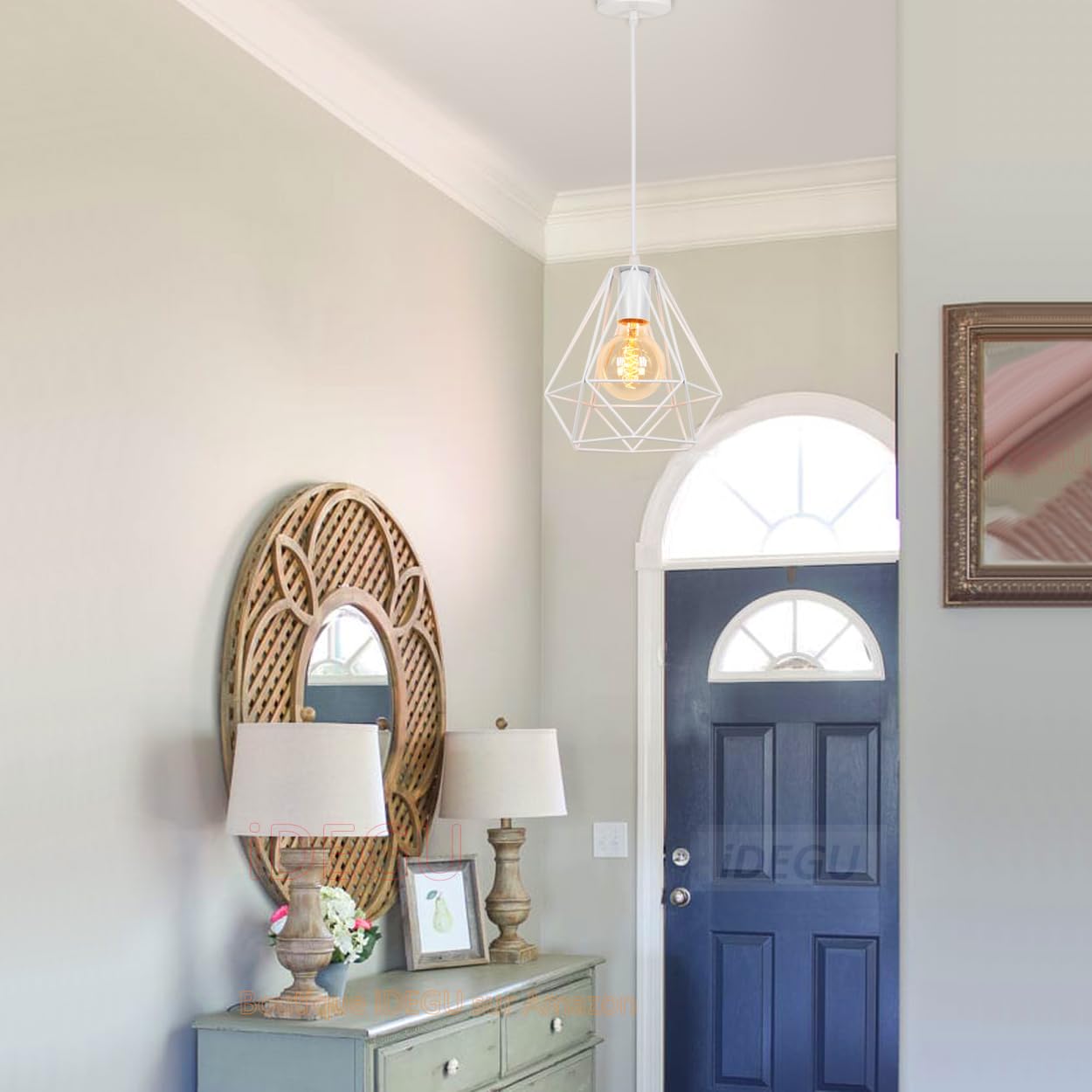 iDEGU Lot de 2 Suspensions Luminaires Moderne 20cm Éclairage de Plafond E27 Lustre Industriel en Métal Abat-jour Luminaire Design Cage Suspension Vintage pour Chambre Cuisine Café Restaurent (Blanc)