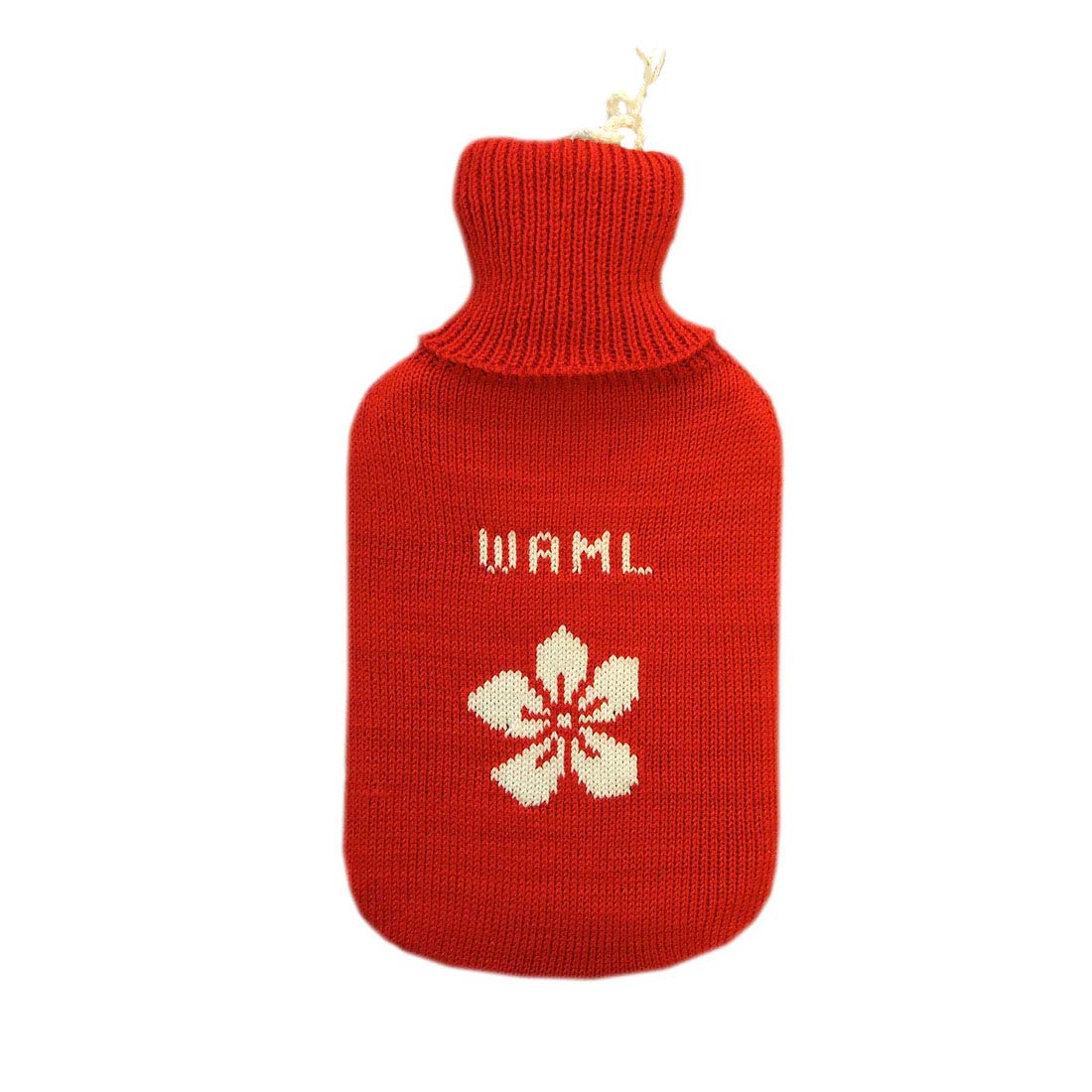 Bouillotte personnalisée 100 % laine mérinos tricotée Rouge/blanc avec fleur