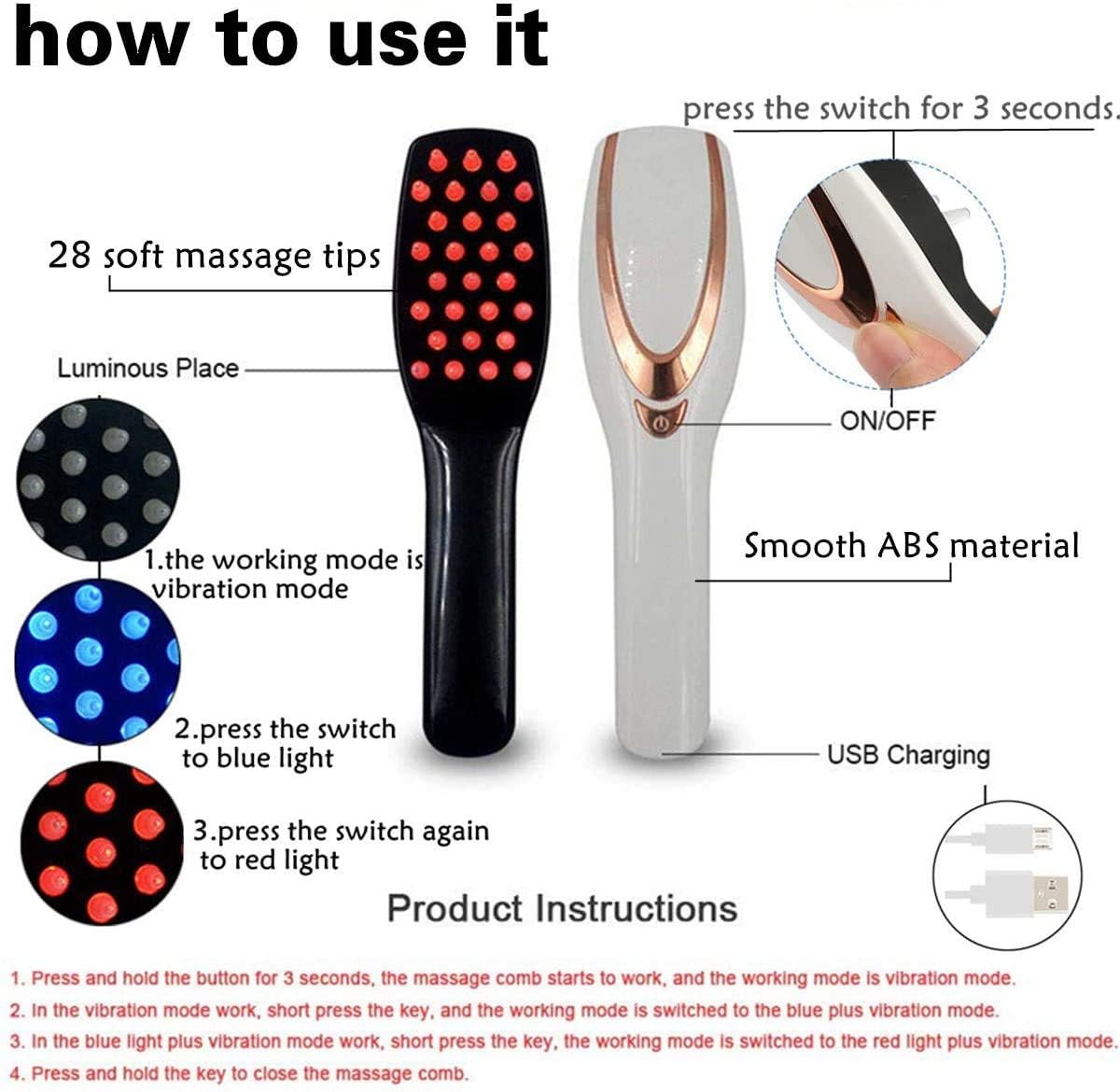 Phototherapie-Kopfhaut-Massagegerät mit Kamm und Bürste zur Haarwachstumsupport, Anti-Haarausfall, USB-Wiederaufladbare Pflege