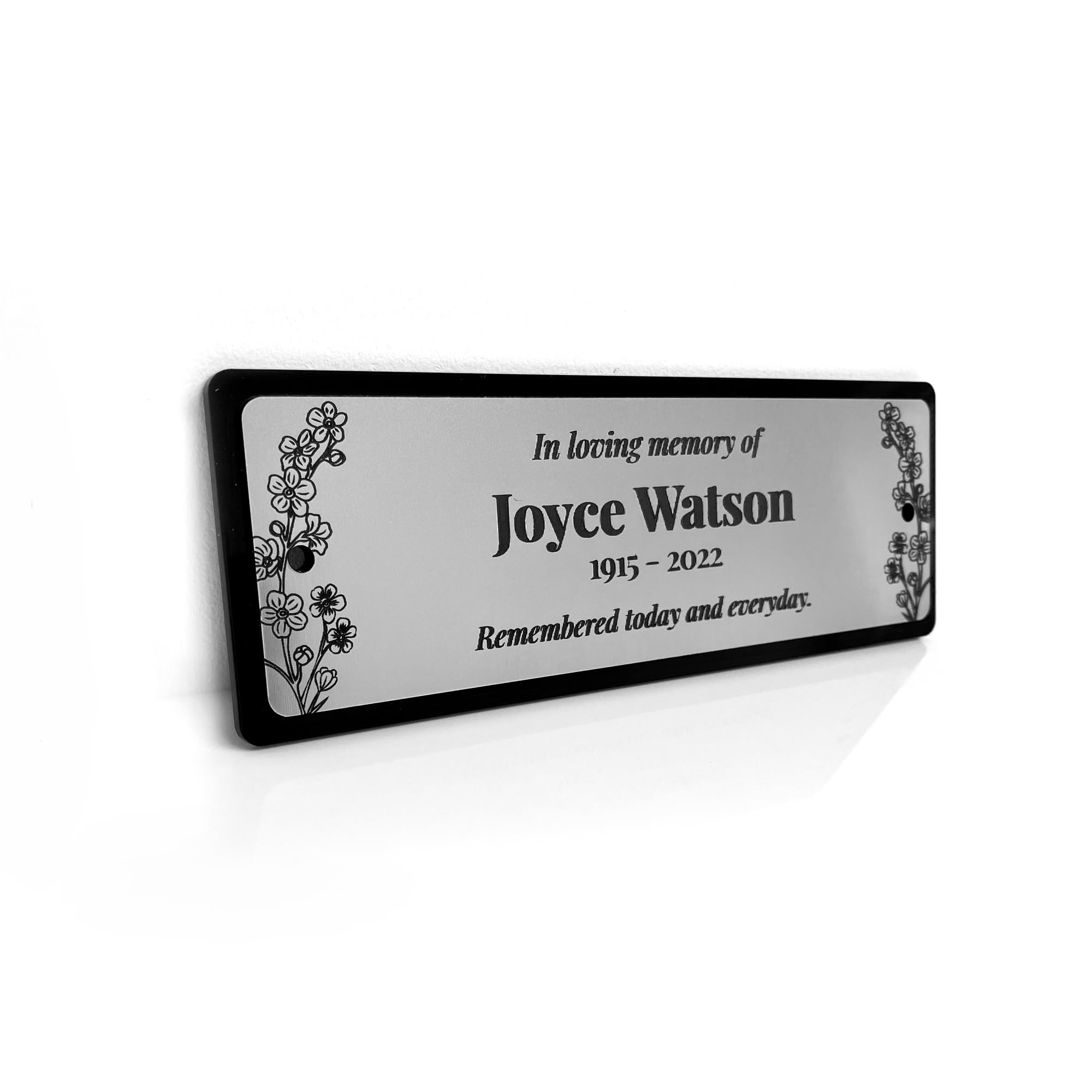 Personalised Memorial Bench Plaque | Engraved Forget-Me-Not Flower Design | Size: Large or Medium | Brushed Silver or Brushed Gold with Black Engraved Finish
