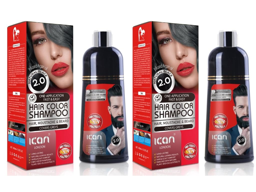 Hair Color Shampoo Natural Black 2.0 100% Gray Coverage 2 x 400ml, 400 ml (Pack of 2)