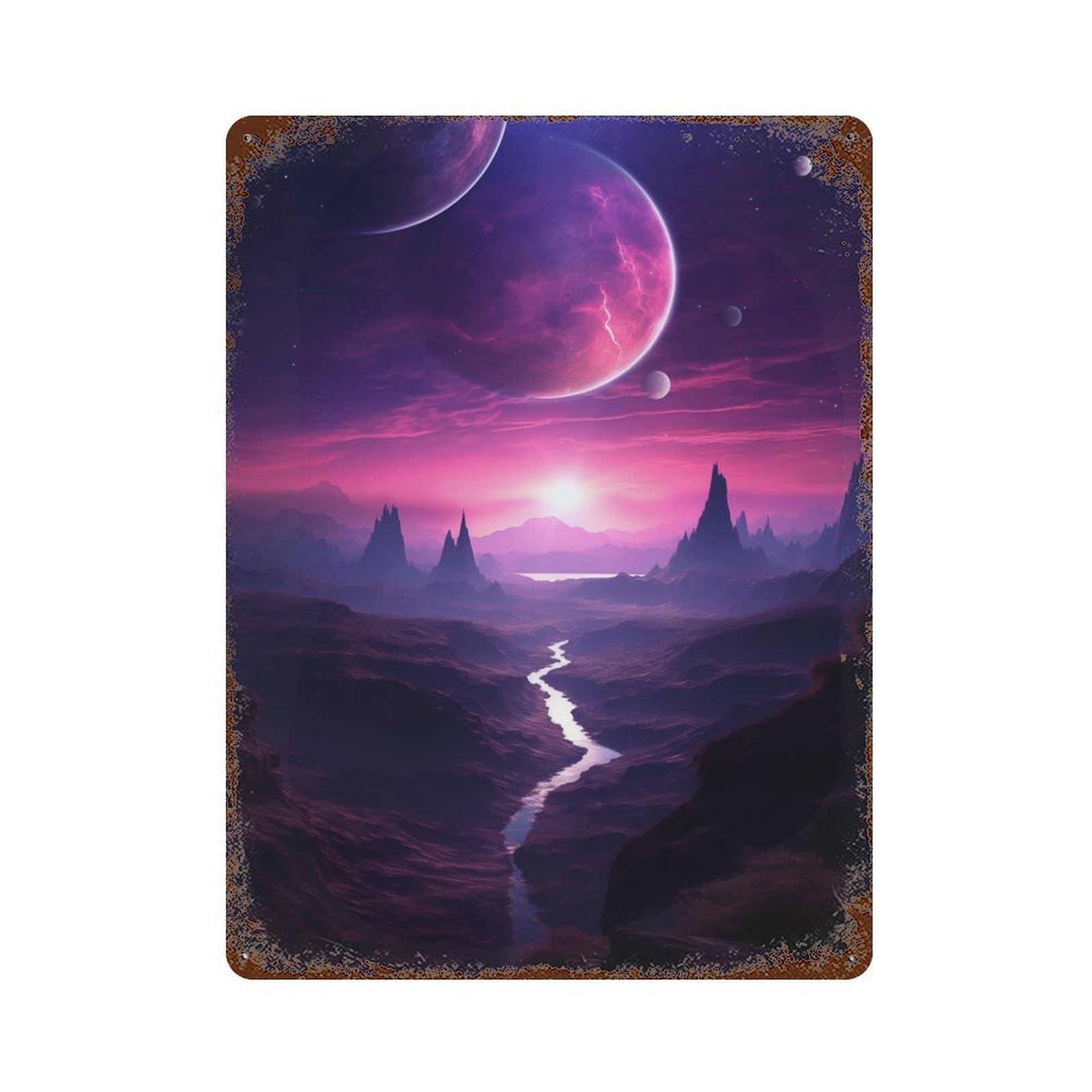 Landscape Alien Planet Vintage Wall Sign 15.7"x11.8", Rust Effect Metal Decor for Living Room, Hallway And Home Decor