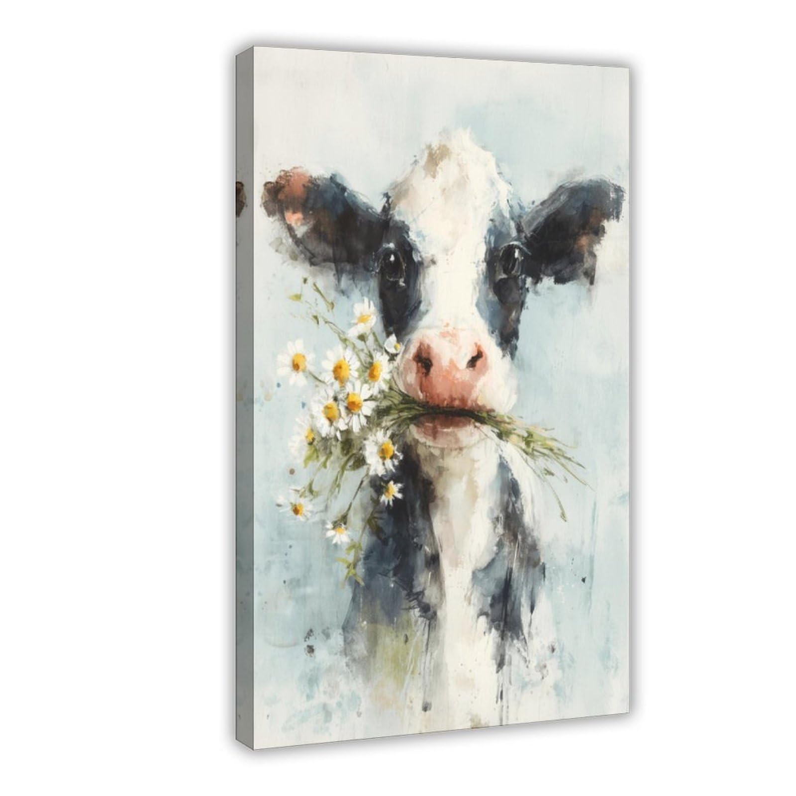 Qnvjqkdsi Frame Whimsical Cow Floral Bouquet Art, Animal Portrait Canvas Poster Bedroom Decor Landscape Office Room Decor Gift 12" L X 18" W