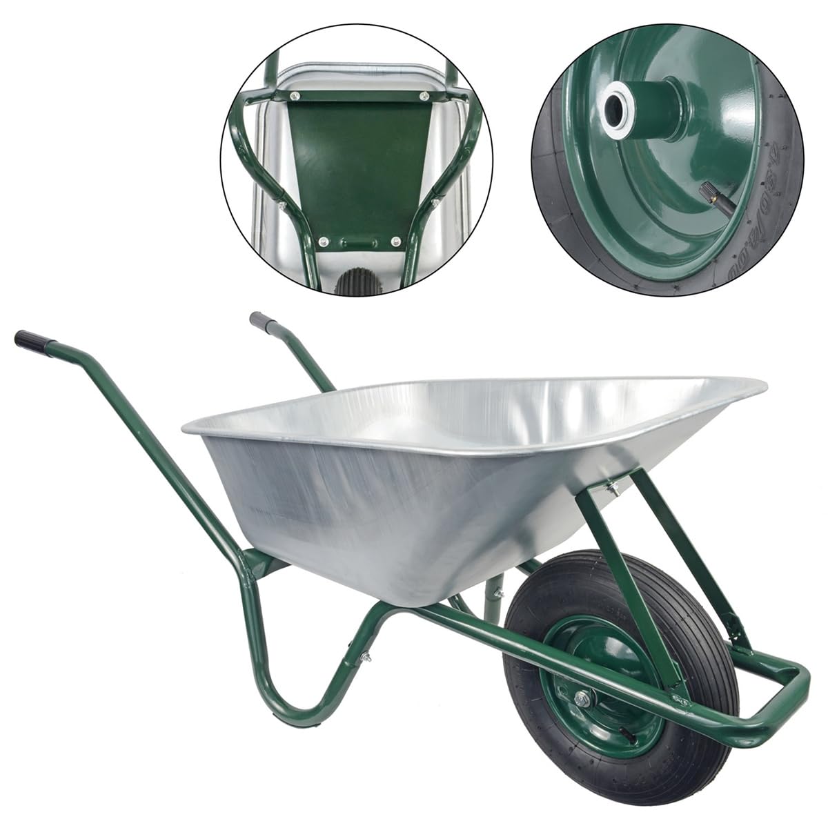 Matrix Schubkarre Profi 100l Liter 250 kg mit zusätzlichem Bodenblech Luftrad Schubkarren groß Garten Scheibtruhe Bauschubkarre | Mulde verzinkt | Metall Felge mit Kugellager | Farbe grün
