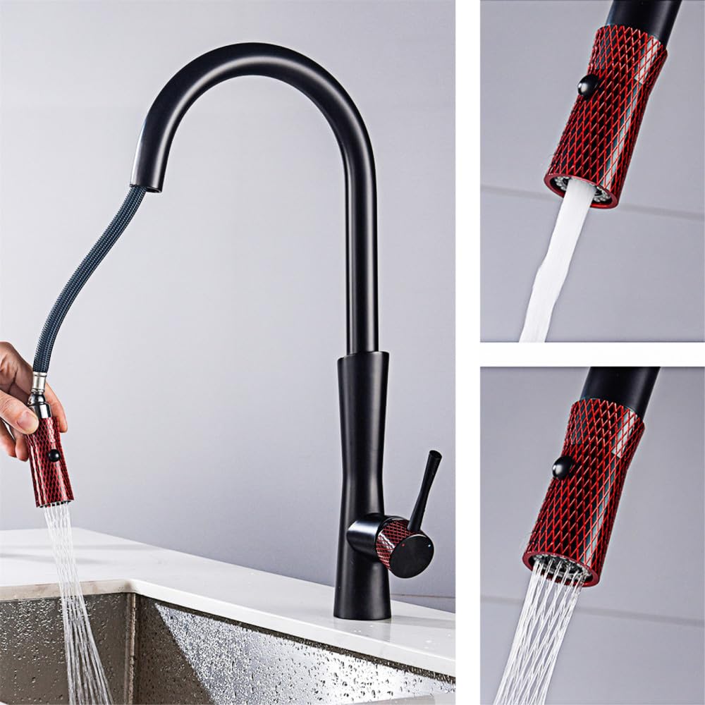 Rubinetto per lavello con Doppia Uscita in Rame, Raffreddamento e Riscaldamento dell'Acqua, Doppio Controllo, Design con Maniglia Singola, Nero, Rosso