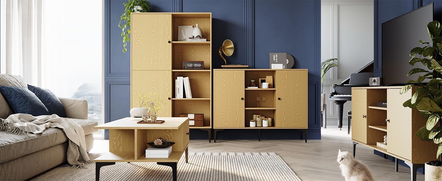 SONNI TV-Schrank, Fernsehtisch, Fernsehregal, Lowboard für Fernseher 60 Zoll mit 2 Schränken, 3 offenen Fächern, 2 Kabellöchern, Metallfüßen, für Wohnzimmer, Esszimmer und Schlafzimmer 135 x 35 x 70cm