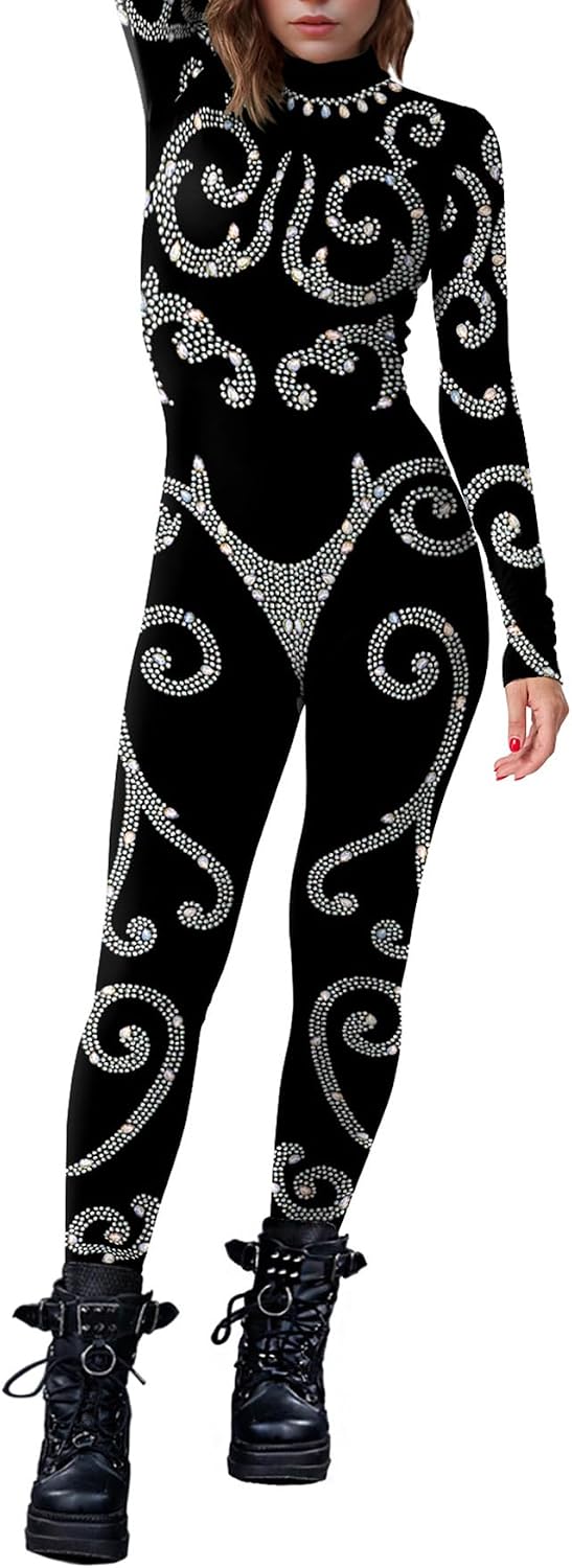 Womens High Neck Long Sleeve 3D Printed Bodycon Party Jumpsuit Outfits Bodysuit