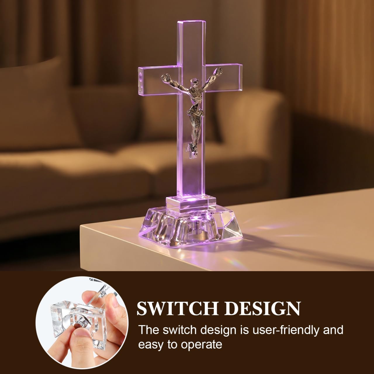 Kristall Kreuz Stehend, Kreuz aus Glas mit Led-licht Stilvolle Ostern Christliche Deko für Schreibtisch Spirituelles Segensornament Handgefertigt für Büro Zuhause und Kirche Einzigartige Geschenkidee