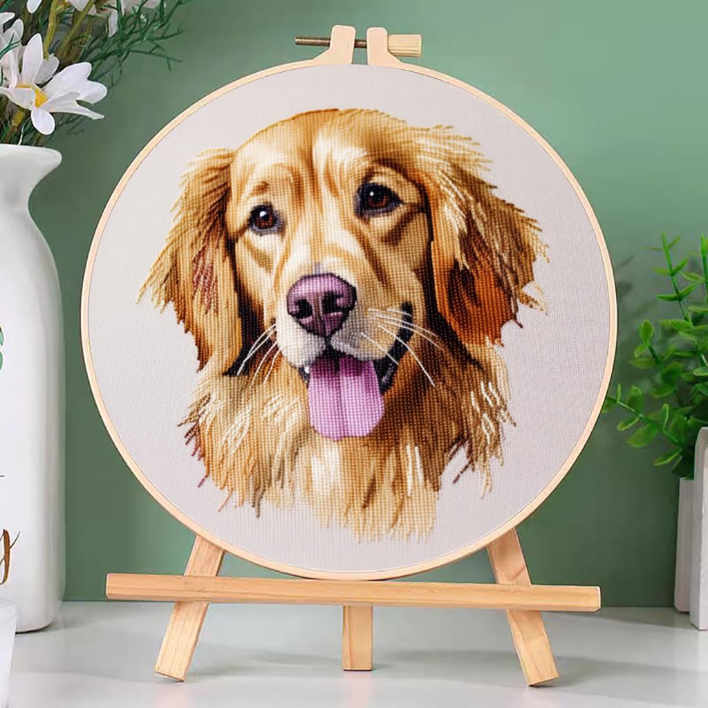 DIY Cross Stitch Kits Golden Retriever Easy for Beginners with Hoop 11CT Needlepoint Embroidery Counted Stamped Cross Stitch Set Craft Wall Decor