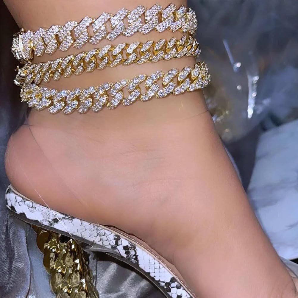 Tobilleras de oro y plata para mujer, tobilleras de eslabones cubanos de talla grande, tobillera de eslabones en capas, juego de tobilleras con diamantes de imitación, joyería de oro y plata 2