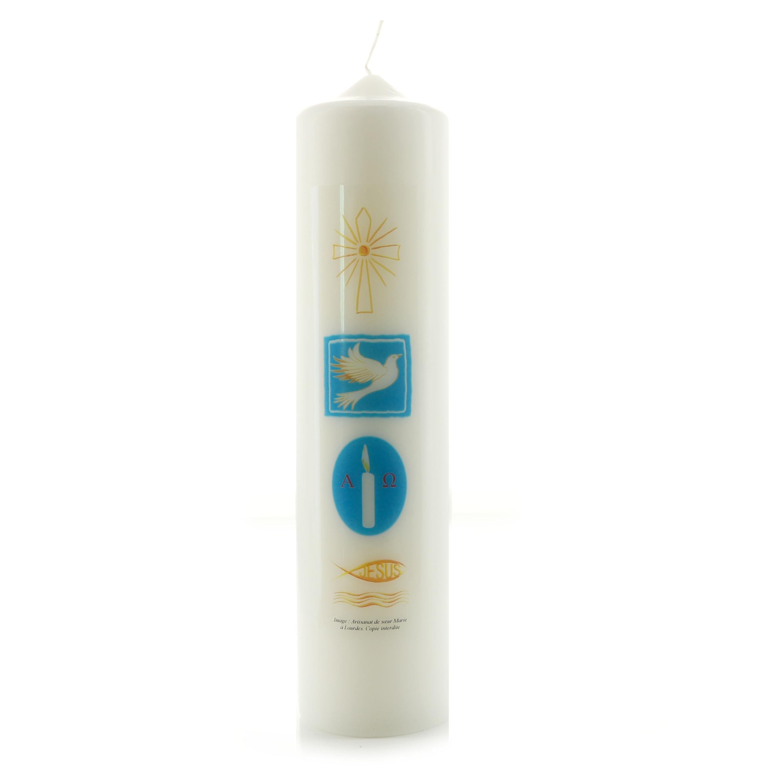 Vela de bautismo con símbolos religiosos 6 x 25 cm – Bautismo – Culto cristiano en cera vegetal