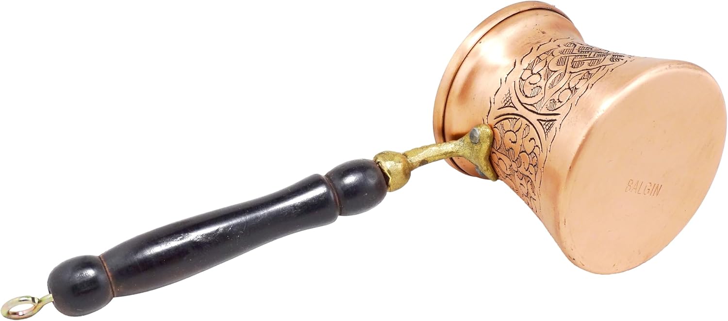 Hand Engraved and Decorated Thick Copper Coffee Pot with Wooden Handle (Type28, C/Large 13.5 Fl. oz or Five 2.5 oz demitasse cups of coffee)