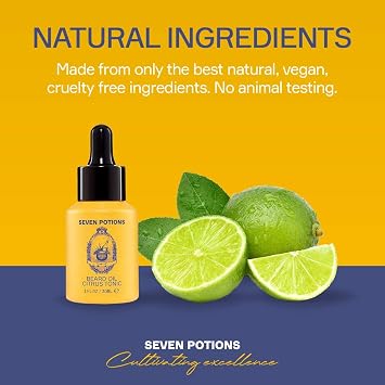 Seven Potions Premium Beard Oil for Men — Jojoba Oil Beard Softener to Nourish Skin, Hair, and Stop Beard Itch — All-Natural, Vegan, Cruelty Free — Citrus Tonic Scent (30ml)
