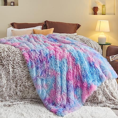 GONAAP Fuzzy Faux Fur Throw Blanket Twin Size Purple Rainbow Super Soft Cozy Plush Fuzzy Shaggy Blanket for Couch Sofa Bed (Purple Rainbow, Twin(60"x80"))