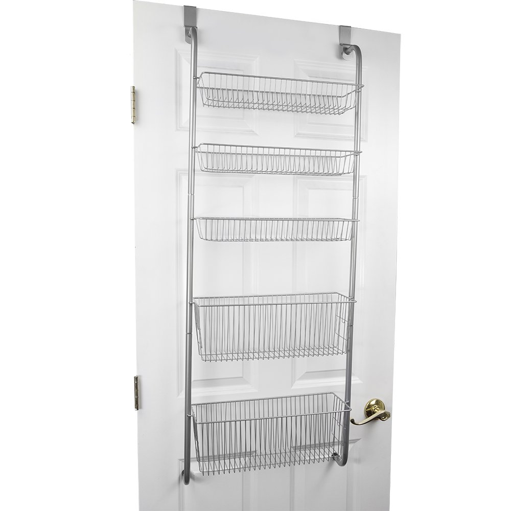 5 Tier Over The Door Pantry Organizer (Silver), By Home Basics | Metal Pantry Door Rack | Hanging Pantry Organizer For Condiments, Spices, Snacks, and Canned Goods