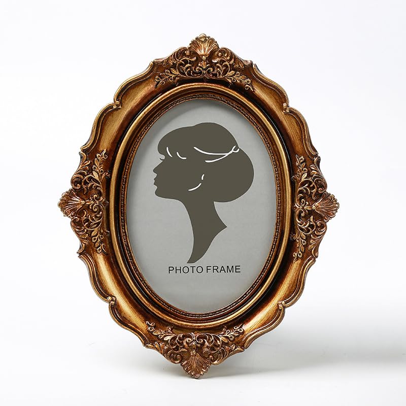 JOSON Oval vintage photo frame, gold vintage photo frame for desktop photo display, wall mounted old fashioned photo gallery home decor art (golden)