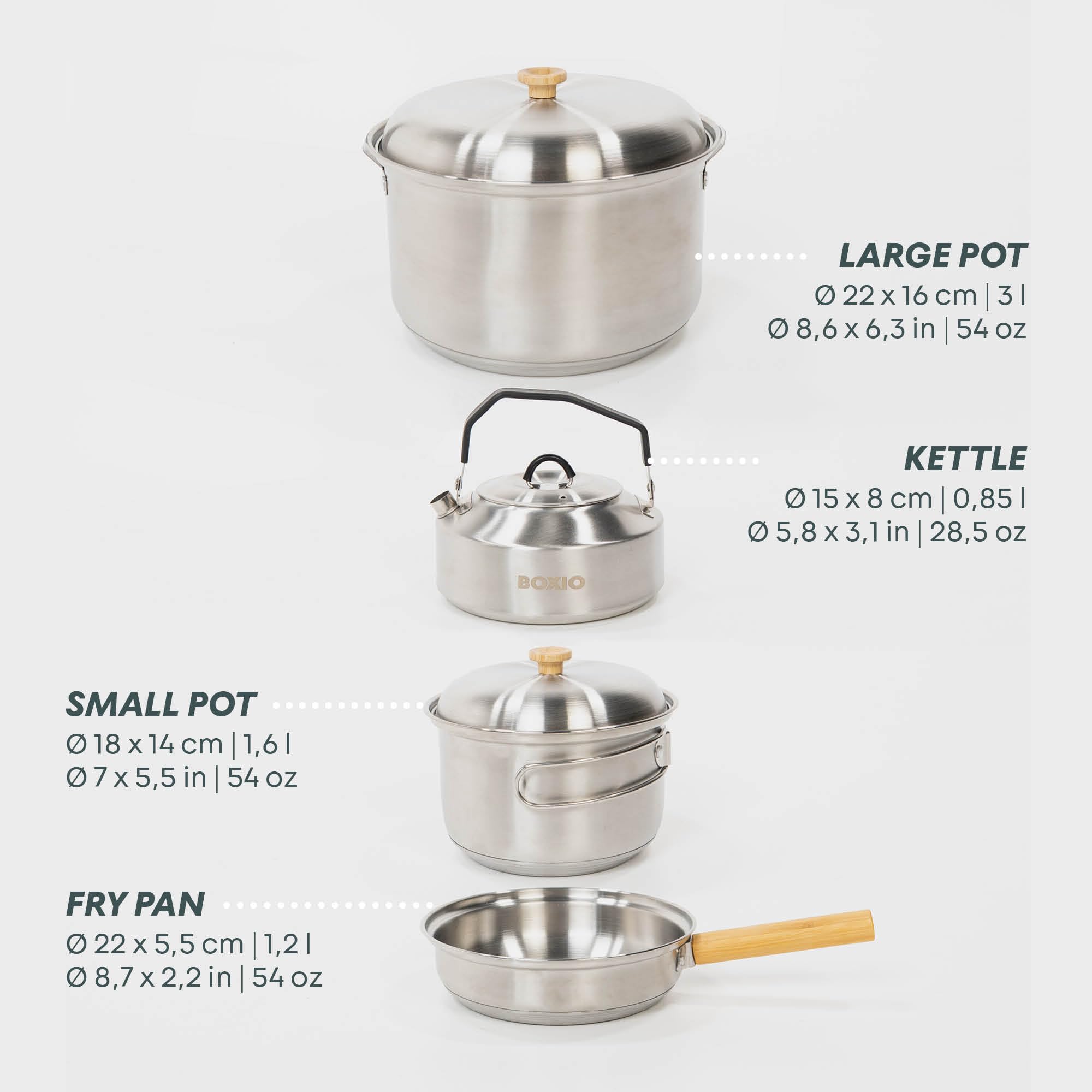 BOXIO - COOK Plus: Set di Fornello da Campeggio con Spazio di Stoccaggio, Protezione dal Vento e Set di Pentole da Campeggio, Fornello a Gas con Cartucce per Campeggio, Outdoor, Vanlife e come