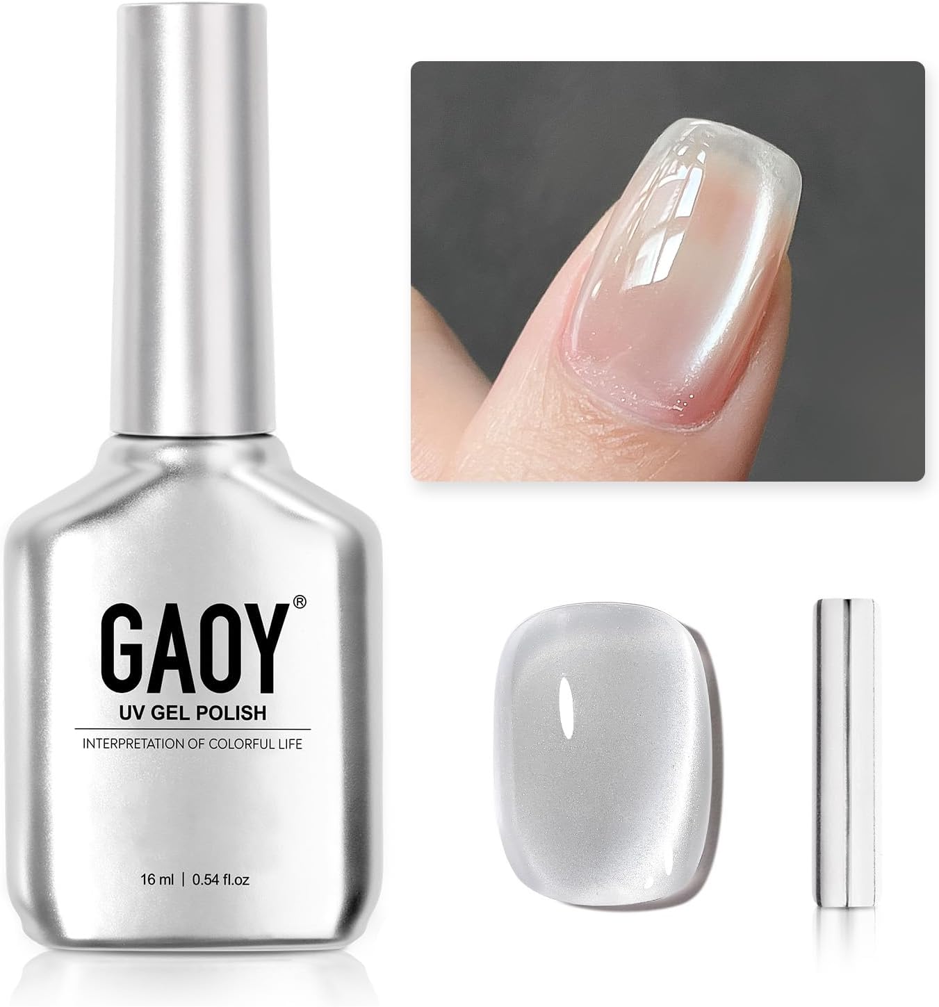 GAOY Glassy Cat Eye Gel Nail Polish, 16ml Glitter Holographic UV Gel Polish with Magnet, Reflective Translucent, 2341 Silvery Moonlight