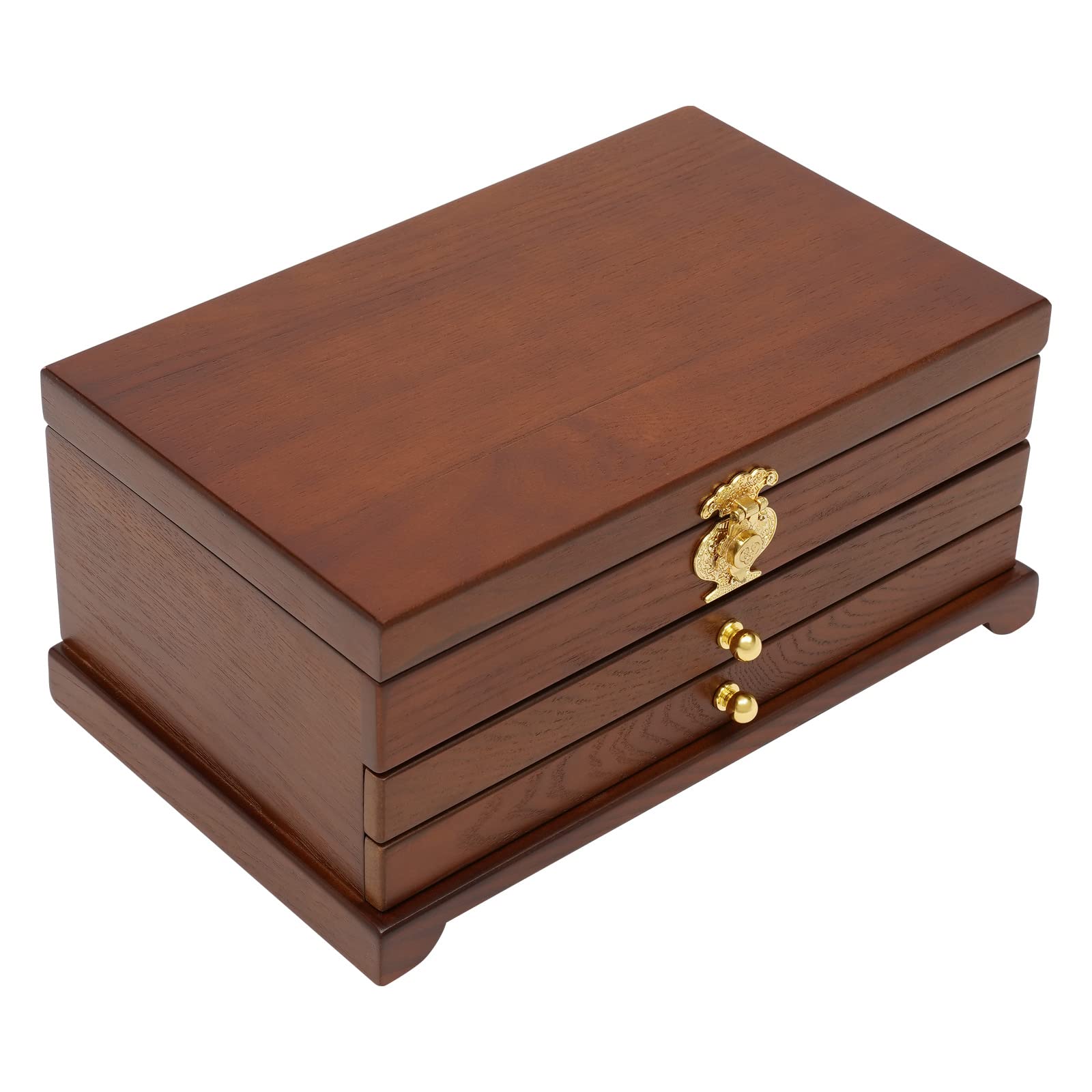 WooDerson Sieradendoos met 2 laden, rechthoekig, van densityboard, voermateriaal pluche, sieradendoos voor ringen, armbanden, oorbellen, uittrekbare lade (Black Walnut