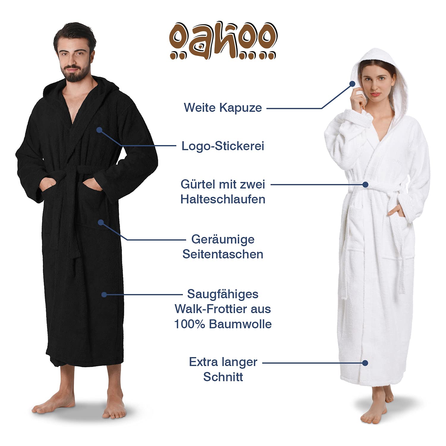 OAHOO Damen und Herren Frottee Bademantel mit Kapuze (1 Stück) Extra-langer Schnitt