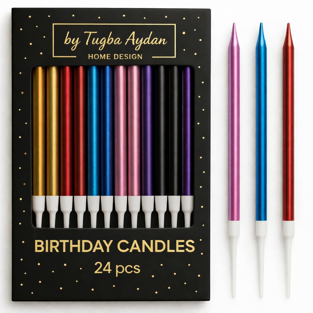 By Tuğba Aydan Home Design Rainbow Metallic By Tugba Aydan - 24 Count Long Thin Rainbow Birthday Candles, Metallic Cake Candle For Birthday, Party Candles