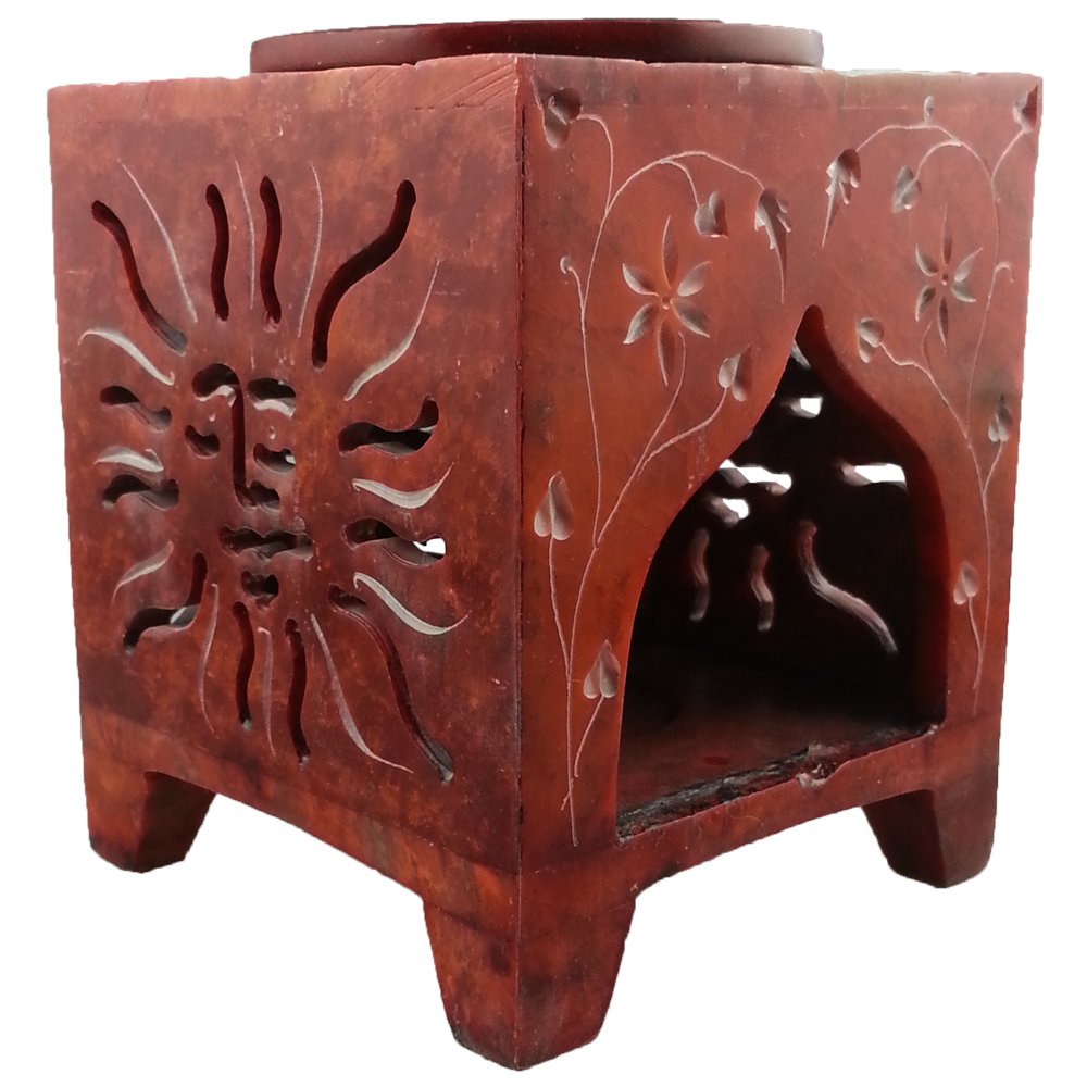 Sun Square Jali Soapstone Essential Oil Burner/Aromatherapy Oil Burner (Medium, Orange)