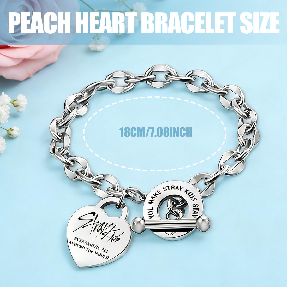 Stay Pulsera de acero inoxidable,Stay-Kids Merch,Pulsera Unisex de Plata,con Colgante de Corazón,Ajustable,Kpop Merchandise,Perfecto para Fans y Regalos