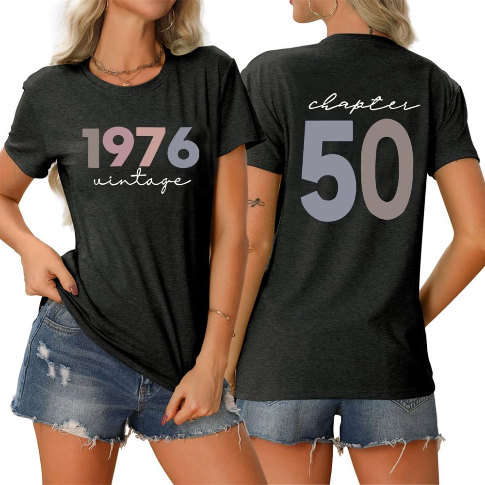 Mlzhan Women's Black Grey Vintage 1976 Shirts Back Printed 50 Chapter Tees Summer 50Th Birthday Gift T-Shirt Born In 1976 Retro Tshirts (,L)
