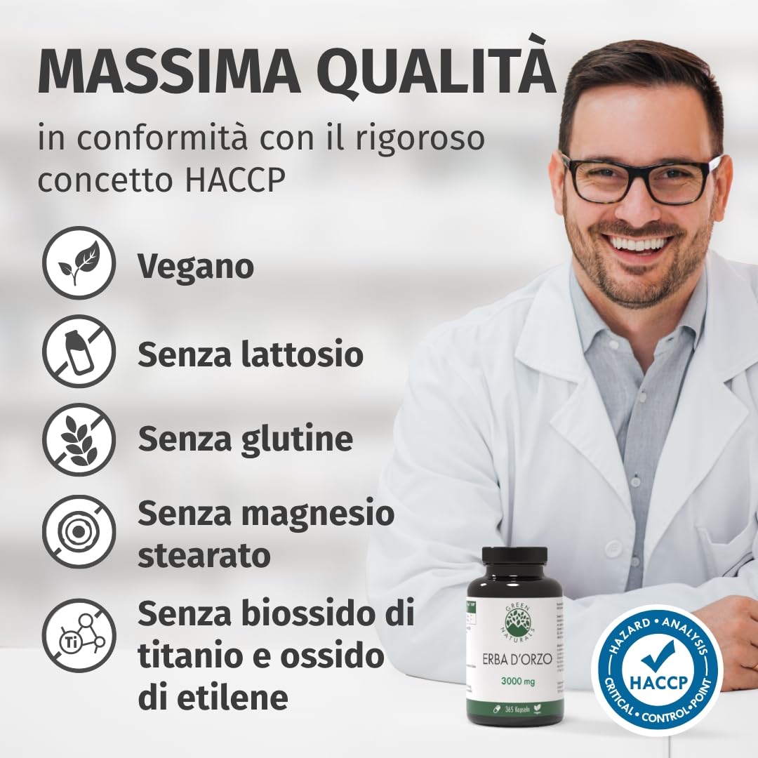 Green Naturals® Orzo verde in capsule naturale e pura - Dosaggio elevato: 3.000 mg con estratto 10:1-365 capsule (3 mesi) - Qualità premium dalla Germania - Vegane e testate in laboratorio