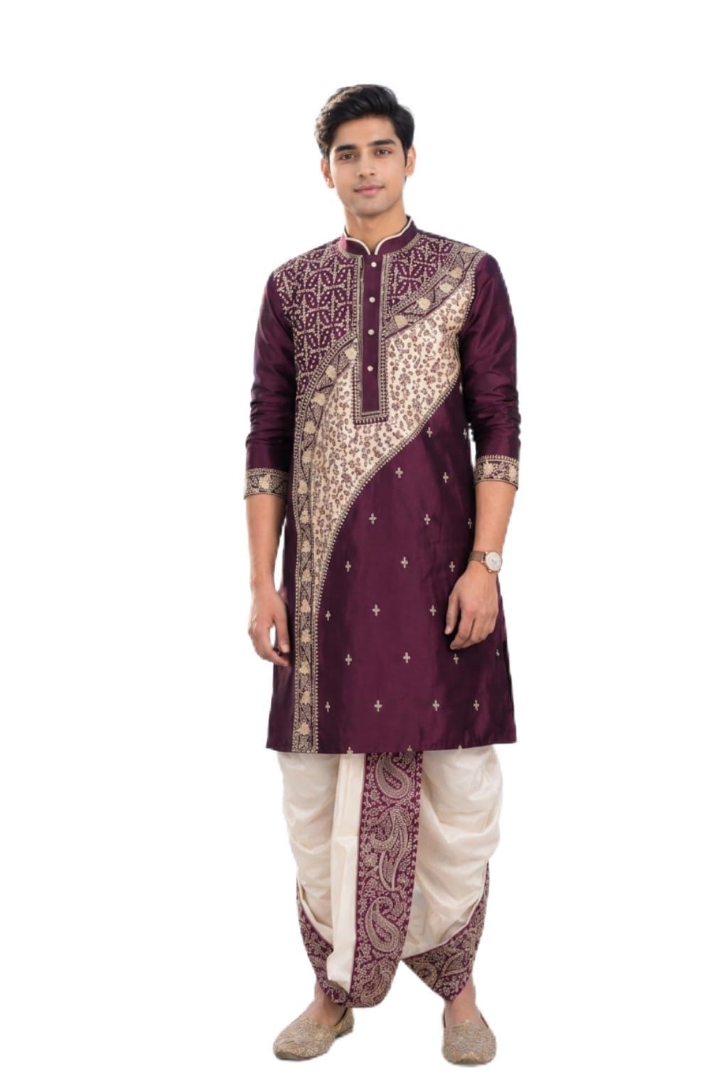 Men's Premium Embroidered Jaffran Silk Kurta with Dupion Silk Dhoti Set | Traditional Ethnic Wear for Wedding, Puja, Festival & Party-image-27
