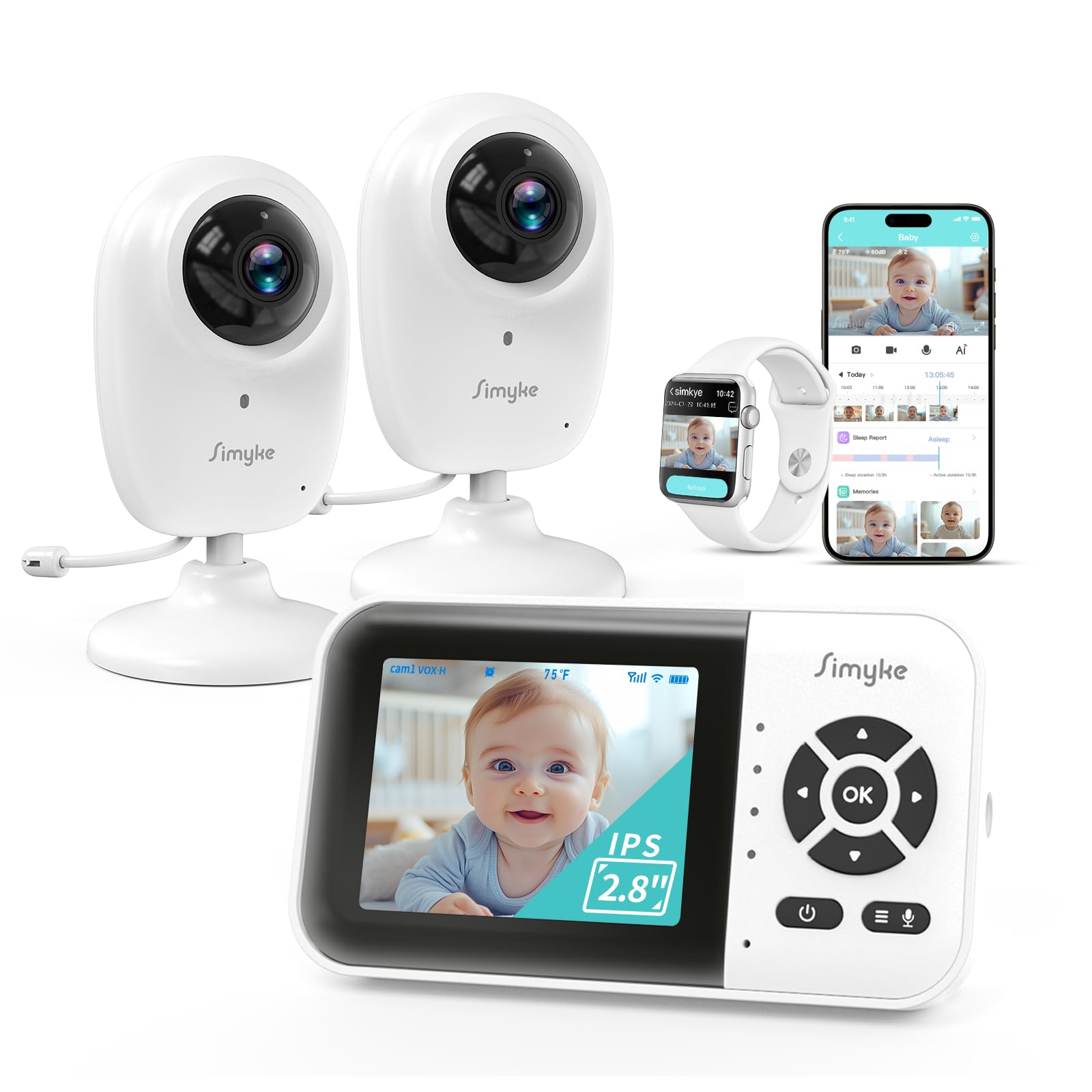 Simyke Baby Monitor 2.8" Screen Wifi ON/OFF swtich,15-Hour Battery with Camera and Audio, Night Vision, VOX, 2-Way Talk, 5 Lullabies and 1500ft Range,Growth Album for Kids