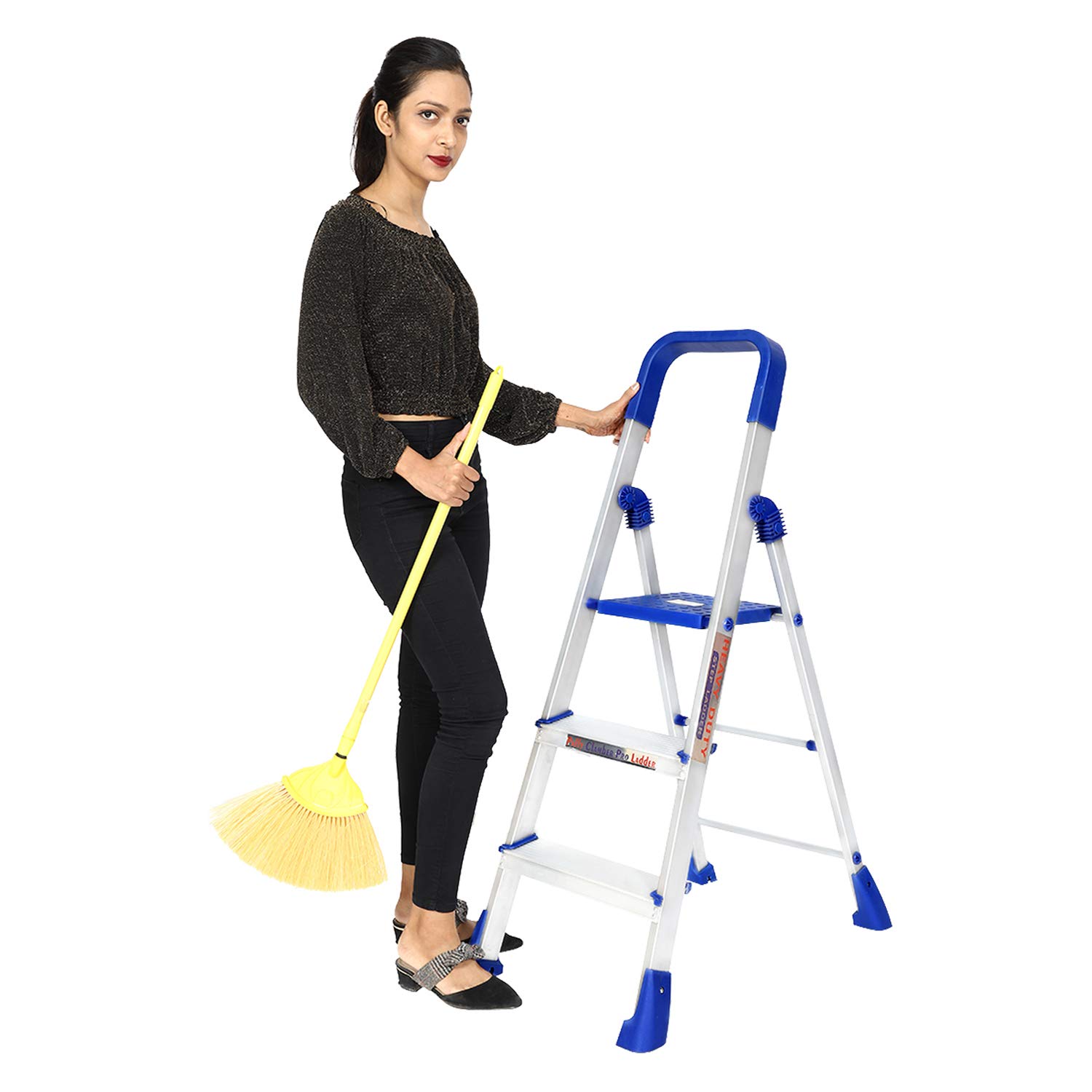 PAFFY Premium Foldable Aluminium Step Ladder, Clamber Pro, 3 Steps (Blue & Satin)