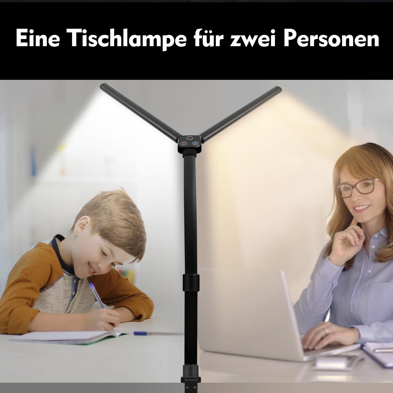 LOTTBUTY Doppelkopf Schreibtischlampe LED dimmbar,24W 80CM Homeoffice Tageslichtlampe Schreibtisch Lampe, Schwanenhals Büro Tischlampe (Schwarz,Klemmbar)