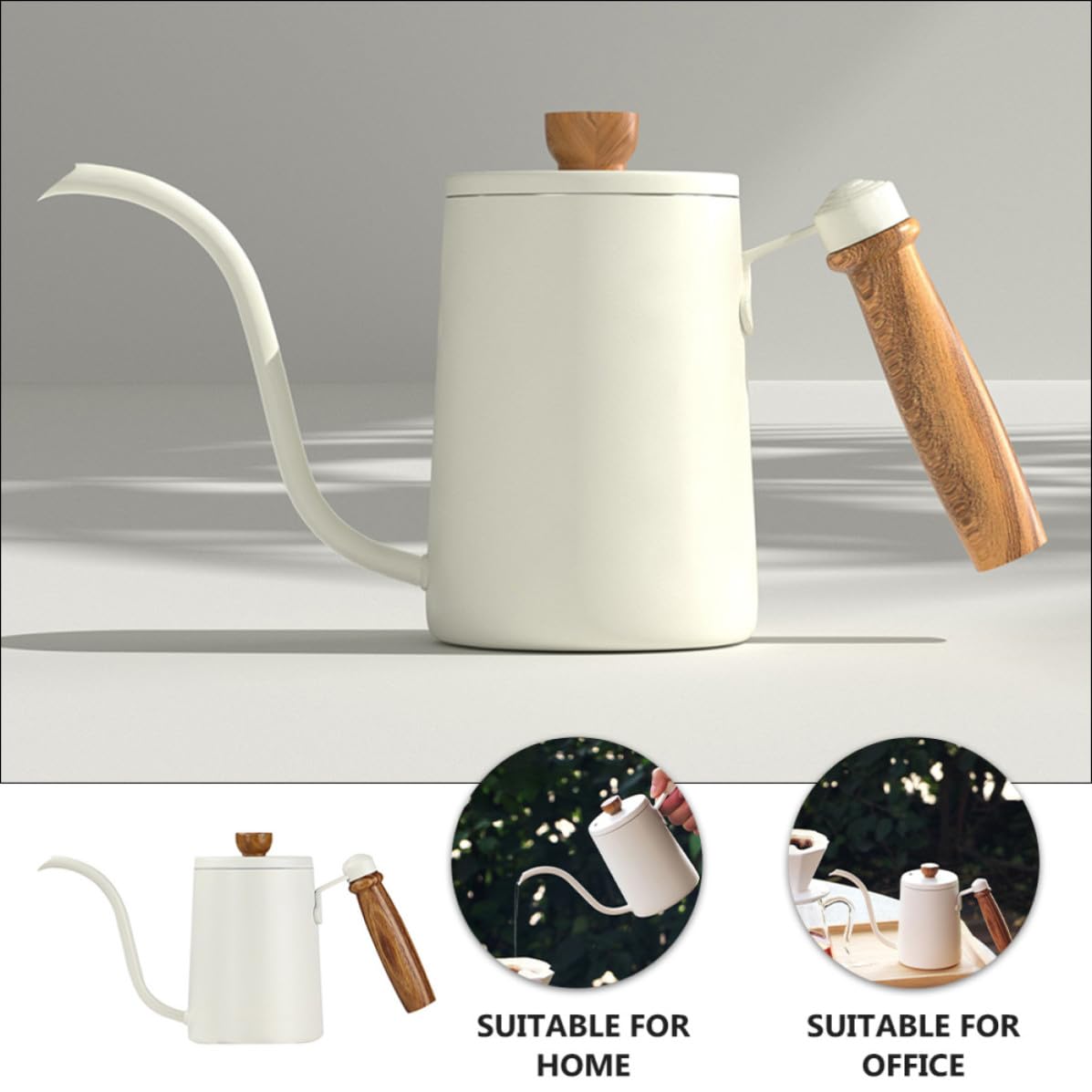 Ciieeo Bollitore in Legno Massello per Acciaio Inossidabile da 600ml per Caffè e Beccuccio lungo Stretto Manico Ergonomico Casa e Ufficio