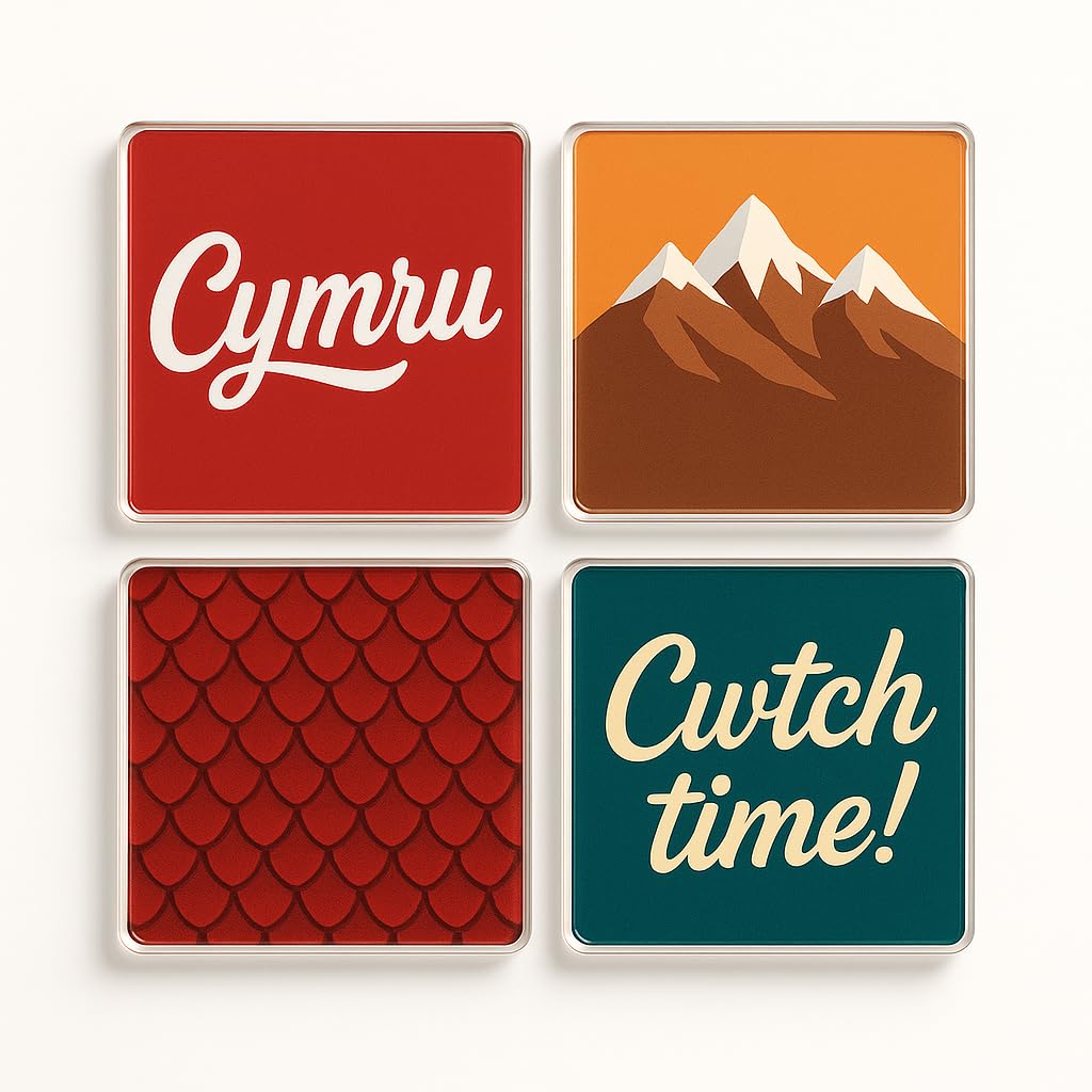 The Plum Penguin Cymru Charm Acrylic Coaster Gift Set Of 4 - Uk City Design For Home Decor & Nostalgia Celebration