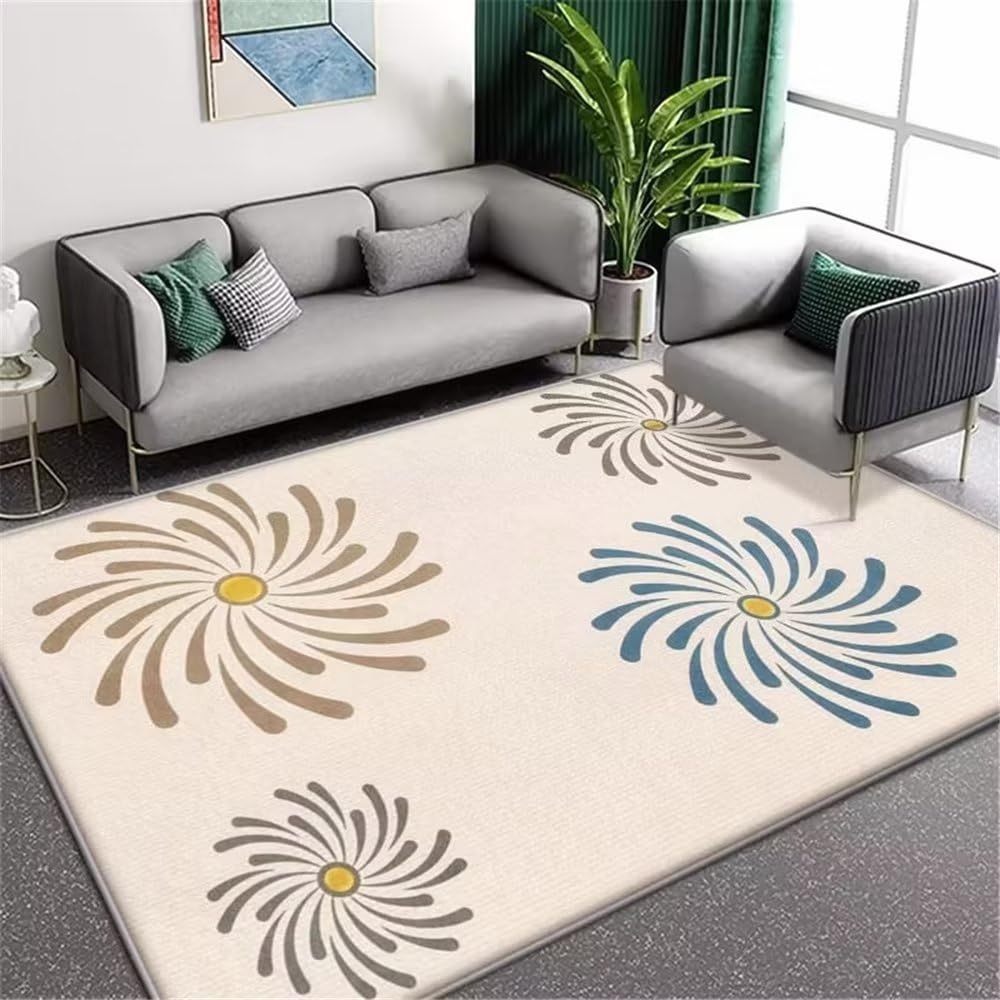 Tapis lavable bleu abstrait floral 160x230 cm résistant aux taches pour chambre de sol