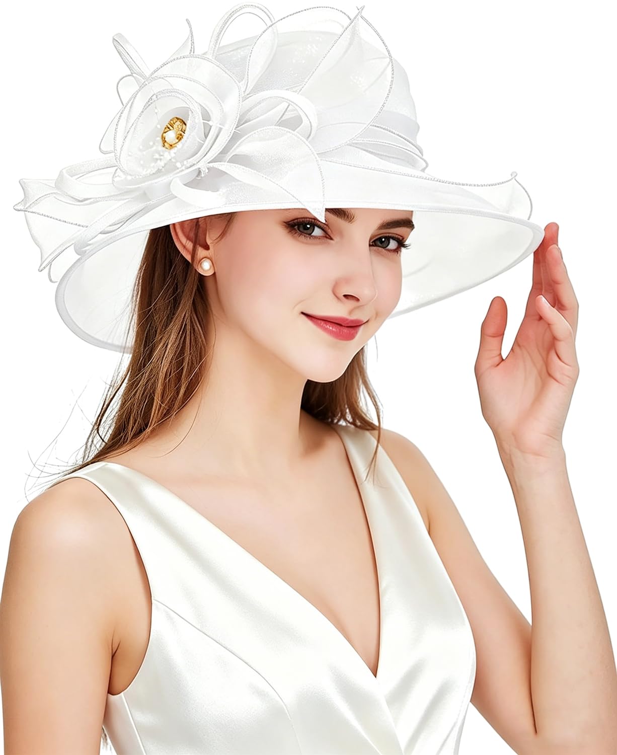 ELLYDOOR Women Derby Fascinator Hat Organza Church Wedding Tea Party Hats Wide Brim Sun Hat, 08 White, One Size