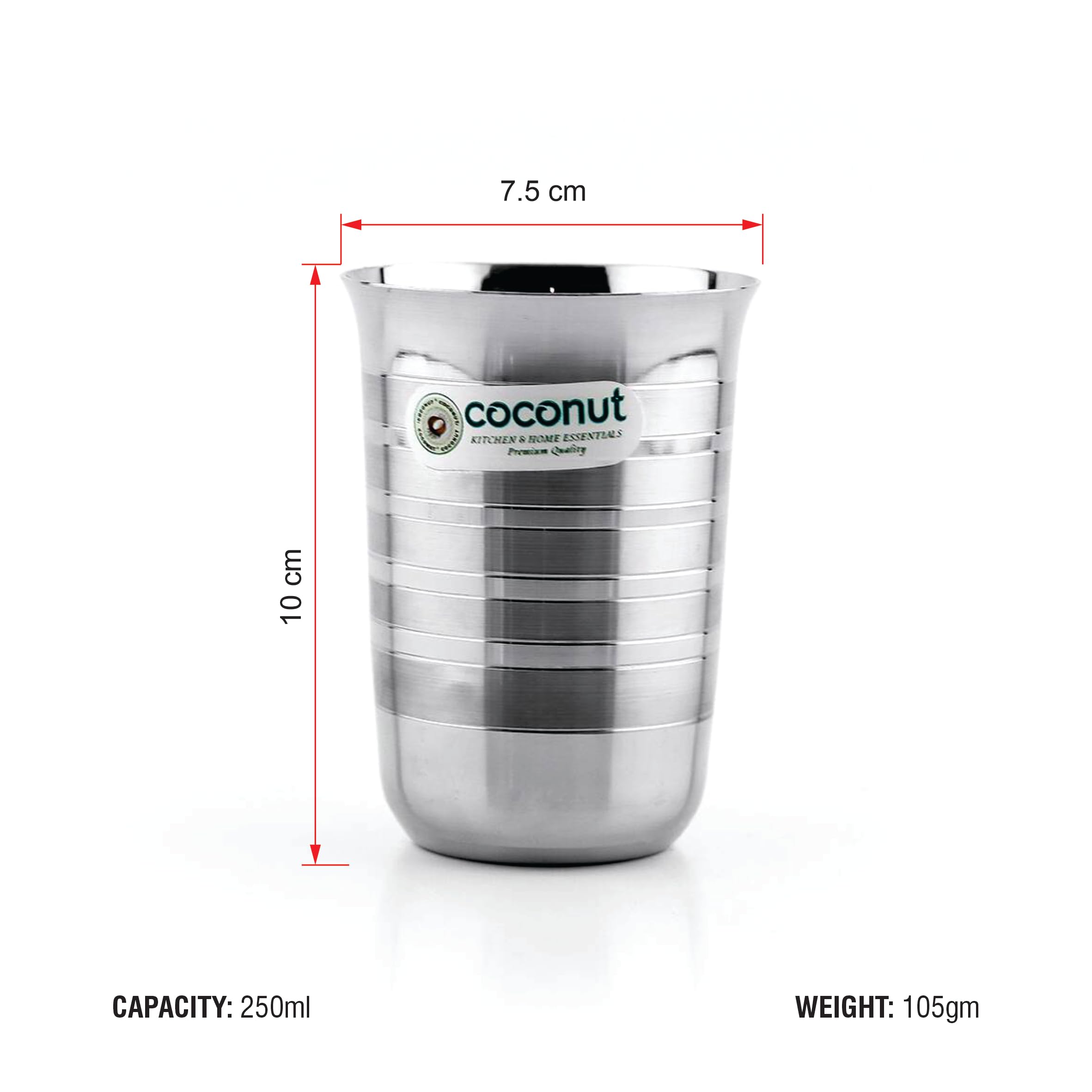coconut Stainless Steel - A1 Mirror Finish Glass | for Home, Office & Restaurant Drinkware, Ideal for Serving Lassi, Chaas, Water, Juice & Lemonade Pack of 6 (Capacity-250ml Each) - Image 3 thumbnail