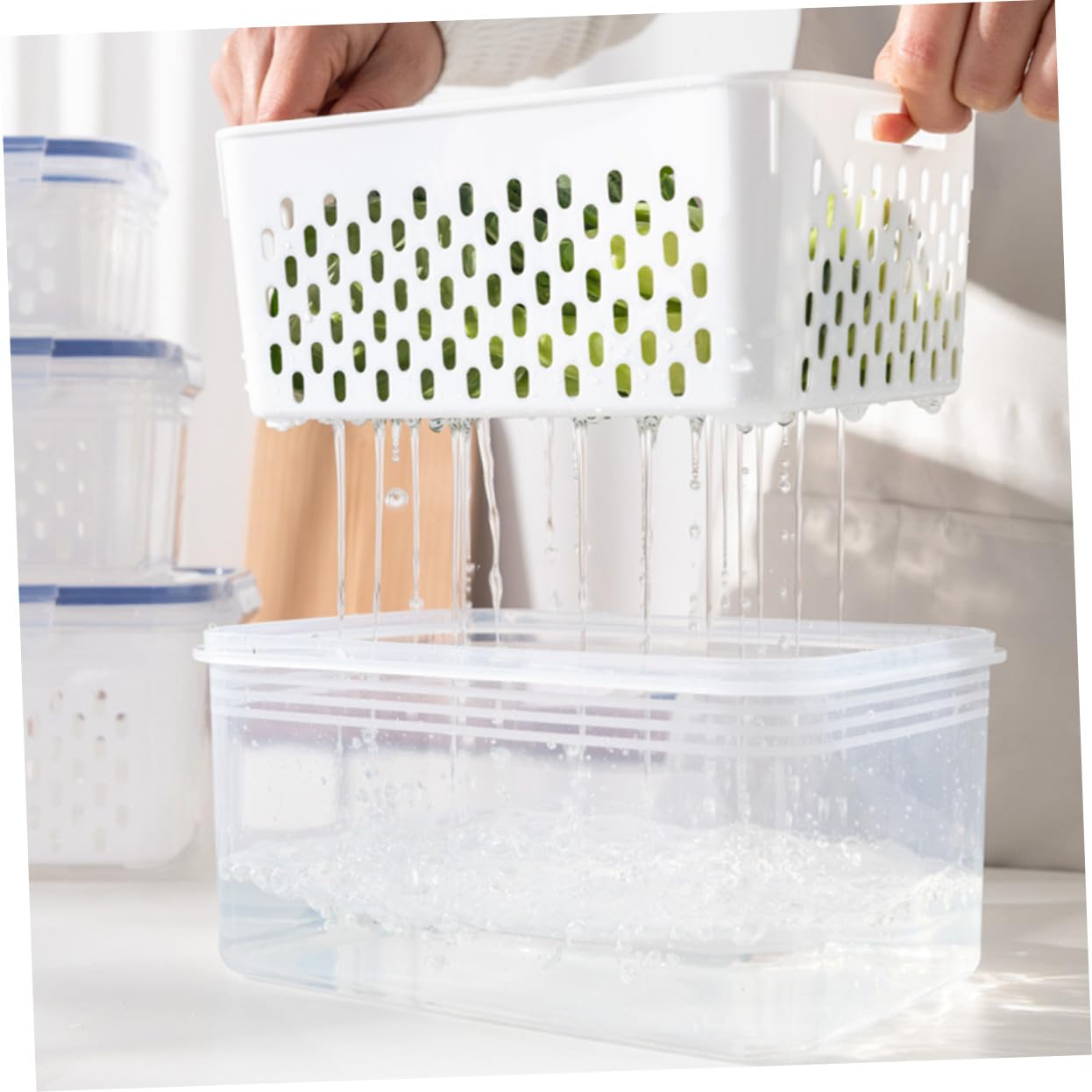 3 pezzi Contenitori Frutta Refrigeratore Trasparenti con Colino Rimovibile Scatole Ermetiche per Conservazione Freschezza Frigorifero Resistenti al Freddo e Multiuso per Verdure e